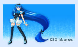 Rule 34 | 1girl, black boots, black hairband, black leotard, blue bow, blue bowtie, blue eyes, blue hair, blue theme, boots, bow, bowtie, bracelet, breasts, commentary request, full body, hairband, jewelry, leotard, long hair, looking at viewer, low-tied long hair, mavericks-tan, medium breasts, original, os-tan, personification, sato (esuplusesu), solo, standing, very long hair