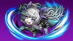 1girl :d black_boots black_gloves boots chibi chibi_only denim denim_shorts eyeshadow fingerless_gloves floating floating_hair gloves grey_hair highres holding holding_weapon long_hair looking_at_viewer makeup non-web_source official_art open_mouth pantyhose purple_eyes purple_eyeshadow purple_pantyhose purple_scarf scarf shorts smile solo torn_clothes torn_pantyhose torn_scarf tribe_nine twintails weapon yukigaya_enoki