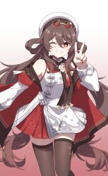 Rule 34 | 1girl, absurdres, bare shoulders, black thighhighs, breasts, brown hair, chinese clothes, commentary, cowboy shot, dress, eyewear on head, fingernails, flower-shaped pupils, genshin impact, glasses, gradient background, grin, hair between eyes, hair rings, hand up, hat, highres, hu tao (cherries snow-laden) (genshin impact), hu tao (genshin impact), jewelry, long hair, looking at viewer, luyue, nail polish, official alternate costume, one eye closed, orange eyes, pince-nez, pleated skirt, red-tinted eyewear, red background, red nails, red skirt, ring, round eyewear, simple background, skirt, small breasts, smile, solo, sunglasses, symbol-shaped pupils, thighhighs, thighs, tinted eyewear, v, very long hair, white background, white dress, white hat, zettai ryouiki