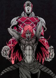 1boy 1other abs black_background commentary_request diavolo fishnet_top fishnets green_eyes highres ishimoto_shun&#039;ichi jojo_no_kimyou_na_bouken king_crimson_(stand) long_hair male_focus navel pink_hair polka_dot_hair red_lips smile spot_color stand_(jojo) vento_aureo