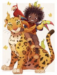 Rule 34 | 1boy, antonio madrigal, bird, brown eyes, brown hair, brown pants, dark-skinned male, dark skin, encanto, highres, leopard, melchencanto, orange vest, pants, parrot, shirt, short hair, signature, simple background, toucan, vest, yellow shirt
