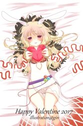 1girl 2017 animal_ears argyle_clothes argyle_dress argyle_panties blonde_hair blush breasts commentary_request covered_navel detached_sleeves dress feet_out_of_frame fur_collar ginn0613v happy_valentine heart heart-shaped_pupils holding holding_heart large_breasts long_hair looking_at_viewer lying on_back on_bed open_mouth panties purple_eyes rabbit_ears rabbit_girl ragnarok_online red_panties side-tie_panties side_slit sleeveless sleeveless_dress smile solo sorcerer_(ragnarok_online) symbol-shaped_pupils underwear untied_panties valentine white_dress white_sleeves