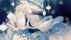 1girl beads blue_background blue_dress blue_hair chinese_commentary cloud_hair_ornament commentary cowboy_shot dress floating_hair frilled_gloves frilled_sleeves frills fur-trimmed_jacket fur_trim gloves gradient_hair grey_hair hair_beads hair_ornament hand_on_own_chest happy hatsune_miku highres jacket lamp long_hair multicolored_hair open_clothes open_jacket outstretched_hand plaid_clothes plaid_skirt puffy_short_sleeves puffy_sleeves senryoko short_dress short_sleeves skirt skirt_under_dress snowflake_hair_ornament snowflakes solo standing very_long_hair vocaloid white_gloves white_jacket white_skirt yuki_miku yuki_miku_(2021)_(candidate_no.2)