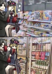 Rule 34 | 1girl, :&gt;, absurdres, anger vein, black hair, black hat, blonde hair, blue archive, carrying, carrying person, child carry, closed eyes, covering another&#039;s eyes, halo, hat, highres, ibuki (blue archive), kai xin, long hair, long sleeves, open mouth, photo background, sensei (blue archive), sensei (blue archive the animation), short hair, side ponytail, yellow eyes, yellow halo