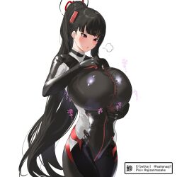 Rule 34 | 1girl, aji (sakanaaj1), alternate breast size, artist name, black bodysuit, black hair, black halo, blue archive, blunt bangs, blush, bodysuit, breasts, commentary, cowboy shot, full-length zipper, hair ornament, halo, hand up, huge breasts, inconvenient breasts, long hair, multicolored halo, official alternate costume, pixiv username, ponytail, puff of air, red eyes, red halo, rio (blue archive), rio (bodysuit) (blue archive), simple background, skin tight, solo, sound effects, sound effects only, standing, translation request, twitter username, two-tone halo, undersized clothes, very long hair, white background, zipper, zipper pull tab, zipping