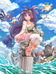 1girl aggron archen axew big_hair closed_mouth collarbone commentary_request creatures_(company) crown day dragonite drilbur druddigon elite_four emolga flying full_body game_freak gen_1_pokemon gen_3_pokemon gen_4_pokemon gen_5_pokemon gible gym_leader hand_on_another&#039;s_head highres hydreigon iris_(pokemon) lapras legendary_pokemon long_hair long_sleeves looking_at_another looking_at_viewer low-tied_long_hair nib_pen_(medium) nintendo open_mouth outdoors pants pants_under_skirt pen_(medium) pokemon pokemon_(creature) pokemon_bw2 purple_hair rayquaza red_eyes riding riding_pokemon ryuusei_(trickster) shirt shoes sidelocks sitting skirt smile standing traditional_media very_long_hair water wide_sleeves