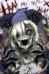 Rule 34 | 1girl, arthropod girl, black sclera, blood, blood splatter, blue hat, breasts, claws, cleavage, colored sclera, green eyes, green hair, hair over one eye, hat, highres, indie virtual youtuber, inhumandregs, insect girl, jester cap, juniper actias, laughing, monster girl, moth girl, multicolored hair, partially unbuttoned, pointy ears, sharp teeth, shirt, streaked hair, teeth, virtual youtuber, white hair, white shirt