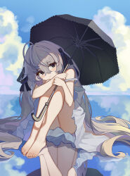 05548620 1girl absurdres ahoge bare_arms bare_legs bare_shoulders black_ribbon black_umbrella blue_sky blush bow dress feet full_body grey_eyes grey_hair hair_between_eyes hair_ribbon highres holding holding_umbrella hugging_own_legs kasugano_sora knees_up legs long_hair looking_at_viewer outdoors ribbon sitting sky solo toes twintails umbrella very_long_hair white_dress white_hair yosuga_no_sora