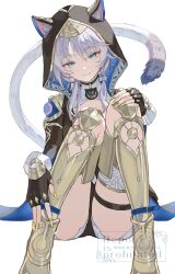 1girl animal_ears animal_hood belt black_gloves black_leotard blue_eyes boots cat_ears cat_girl cat_hood cat_tail cipher_(honkai:_star_rail) commentary_request fingerless_gloves gloves gold_boots grey_hair highres honkai:_star_rail honkai_(series) hood kiina_(mrnsor) knees leotard looking_at_viewer short_hair_with_long_locks shorts simple_background sitting smile solo tail thigh_belt thigh_boots thigh_strap thighs white_background white_shorts yellow_nails