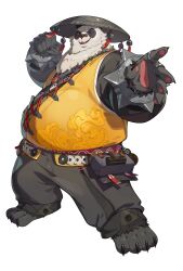 Rule 34 | 1boy, :d, absurdres, bad source, black pants, black shirt, clenched hand, conical hat, full body, highres, long sleeves, male focus, official art, open mouth, orange vest, pan yinhu, panda, pants, shirt, smile, solo, standing, sunglasses, transparent background, vest, zenless zone zero