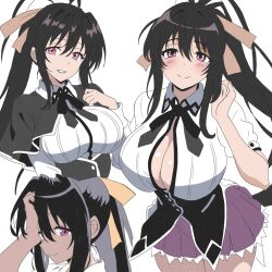 1girl black_hair breasts cleavage collage female_focus hair_between_eyes hair_ribbon high_school_dxd highres himejima_akeno huge_antenna_hair kuoh_academy_school_uniform large_breasts long_hair looking_at_viewer orange_ribbon pleated_skirt ponytail purple_eyes ribbon school_uniform skirt smile solo very_long_hair windriftdraws yellow_ribbon