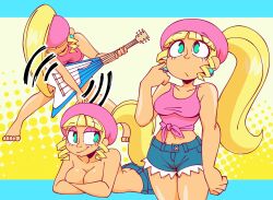 Rule 34 | 1girl, artist request, ass, beret, blonde hair, breasts, butt crack, covering breasts, covering privates, crossed arms, curvy, denim, denim shorts, dixie kong, donkey kong (series), feet, green eyes, guitar, hat, highres, humanization, instrument, large breasts, legs, long hair, looking at viewer, looking up, lying, midriff, multiple views, navel, nintendo, on stomach, ponytail, seductive smile, shirt, shorts, sleeveless, smile, teasing, the pose, thighs, tied shirt, topless female