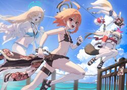 Rule 34 | 4girls, absurdres, ahoge, animal ear fluff, animal ears, asuna (blue archive), bandaid, bandaid on knee, bandaid on leg, bikini, bikini skirt, bikini top only, black bikini, black halo, blonde hair, blue archive, blue bikini, blue halo, blue sky, braid, breasts, brown hair, denim, denim shorts, fence, flat chest, fox ears, fox girl, fox tail, halo, highres, izuna (blue archive), izuna (swimsuit) (blue archive), kokukyukeo, lifebuoy, medium breasts, michiru (blue archive), multiple girls, nail polish, navel, neru (blue archive), open mouth, orange hair, pink halo, raccoon ears, raccoon girl, raccoon tail, red eyes, red scarf, sandals, scarf, shorts, sign, single braid, sky, striped bikini, striped clothes, swim ring, swimsuit, tail, water, yellow eyes