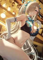 1girl absurdres alternate_hairstyle aqua_bow aqua_halo armpit_crease asuna_(blue_archive) bar_(place) black_bra black_choker black_panties blonde_hair blue_archive blue_bow blue_bowtie blue_eyes blue_halo blue_ribbon blurry blurry_background blush bow bowtie bra breasts choker cleavage commentary detached_collar elbow_gloves from_side gloves grin hair_bow hair_ornament hair_over_one_eye hair_ribbon halo hand_on_own_hip hand_up highres indoors large_breasts long_hair looking_at_viewer mole mole_on_breast navel one_eye_covered panties ribbon smile solar_(happymonk) solo stomach strap_lift strap_pull teeth thighs twintails underwear very_long_hair white_gloves