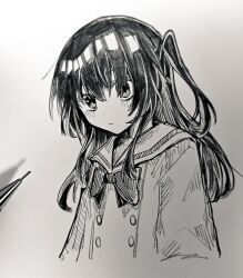 Rule 34 | 1girl, art tools in frame, blush, bocchi the rock!, bow, bowtie, buttons, closed mouth, commentary request, cropped torso, double-breasted, graphite (medium), greyscale, hair between eyes, hatching (texture), kita ikuyo, linear hatching, long hair, long sleeves, looking at viewer, monochrome, one side up, school uniform, shuka high school uniform, sidelocks, simple background, solo, takoiro, traditional media, white background