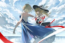 2girls alice_margatroid backless_dress backless_outfit black_dress black_headwear blonde_hair blue_dress cloud cloudy_sky dress highres kirisame_marisa long_hair looking_at_another meng_ziya multiple_girls sky sleeveless smile touhou witch yellow_eyes