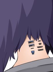 1girl from_behind ghost_in_the_shell highres kamukamu_(ars) kusanagi_motoko nape purple_hair short_hair solo subdermal_port twitter usb