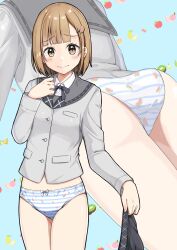 1girl absurdres ass blue_background blue_panties blunt_ends blush bow bow_panties breasts brown_eyes brown_hair buttons closed_mouth collared_shirt commentary_request commission cowboy_shot crotch_seam dress_shirt embarrassed food-themed_hair_ornament food_print fruit_background fruit_print grey_jacket grey_ribbon grey_sailor_collar grey_skirt hair_ornament hand_up highres holding holding_unworn_clothes holding_unworn_skirt jacket large_variant_set long_sleeves looking_at_viewer medium_hair multiple_views neck_ribbon negimiso1989 no_pants original panties pixiv_commission pleated_skirt print_panties raised_inner_eyebrows ribbon sailor_collar school_uniform serafuku shirt skirt small_breasts standing striped_clothes striped_panties underwear unworn_skirt variant_set watermelon_hair_ornament watermelon_print white_bow white_panties white_shirt zoom_layer