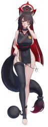 1girl absurdres alternate_costume animal_ear_fluff animal_ears ball_and_chain_restraint bare_hips bare_shoulders black_collar black_hair black_kimono black_nails black_panties black_thighhighs blue_archive blush breasts closed_mouth collar colored_inner_hair commentary_request covered_navel curvy eyeshadow fingernails fox_ears fox_girl fox_tail full_body halo hand_on_own_cheek hand_on_own_face highres japanese_clothes kimono large_breasts long_hair long_long_life looking_at_viewer makeup multicolored_hair nail_polish obi panties parody path_to_nowhere pelvic_curtain red_eyeshadow red_hair red_halo sash side-tie_panties sideboob simple_background single_thighhigh sleeveless sleeveless_kimono smile solo standing tail tail_ornament thighhighs thighs toeless_legwear toes underwear untied_panties unworn_panties wakamo_(blue_archive) white_background wide_hips yellow_eyes