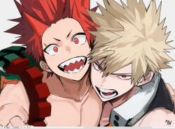 2boys arm_around_neck bakugou_katsuki bare_pectorals bare_shoulders blonde_hair boku_no_hero_academia cheek-to-cheek collarbone depisx heads_together kirishima_eijiro looking_at_viewer male_focus multiple_boys open_mouth parted_bangs pectorals red_eyes red_hair sanpaku sharp_teeth short_hair spiked_hair superhero_costume teeth tongue unfinished upper_body white_background