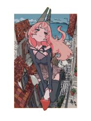 1girl absurdres black_dress black_thighhighs blue_sky border breasts broom broom_riding cityscape cleavage criss-cross_halter dress flower_pot flying halterneck highres horns long_hair ocean original outdoors outside_border pink_hair pixel_art see-through_cleavage see-through_clothes sivcha sky solo thighhighs white_border witch