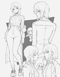 1girl 3girls :o absurdres blush bob_cut breasts cigarette cigarette_kiss closed_mouth coat coat_partially_removed collared_shirt doll don_quixote_(project_moon) faust_(project_moon) fumo_(doll) greyscale highres holding holding_doll jacket jacket_on_shoulders kekel large_breasts limbus_company long_hair long_sleeves looking_at_another looking_at_viewer looking_back monochrome multiple_girls multiple_views pants project_moon ryoshu_(project_moon) shirt shoes short_hair small_breasts smoking sneakers sweater turtleneck turtleneck_sweater very_long_hair white_background yuri