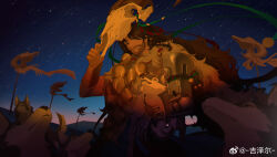 1boy absurdres adjusting_mask animal_on_arm animal_skull beard_stubble bell blue_sky brown_eyes brown_hair closed_mouth facial_hair fur_scarf gradient_sky hand_up highres jize&#039;er long_hair looking_to_the_side male_focus mask mask_on_head mature_male mechanical_arms mountainous_horizon night night_sky prosthesis prosthetic_arm reverse:1999 shaman shamane single_mechanical_arm skull_mask sky solo star_(sky) starry_sky stubble upper_body very_long_hair watermark weibo_watermark wolf