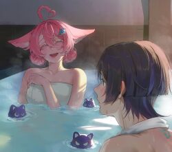 1boy 1girl ahoge animal_ears animalization bare_shoulders birthmark black_hair blunt_ends blush closed_eyes collarbone curtained_hair double_bun ear_blush electro_symbol_(genshin_impact) eyelashes fox_ears genshin_impact hair_between_eyes hair_bun hair_ornament hairclip head_tilt heart heart_ahoge heart_in_eyelashes hetero highres looking_at_another messy_hair mitsudomoe_(shape) multicolored_hair naked_towel oc_x_canon open_mouth original partially_submerged person_and_animalization pink_hair pink_lips purple_hair scaramouche_(cat)_(genshin_impact) scaramouche_(genshin_impact) streaked_hair teeth tomoe_(symbol) tongue towel towel_around_neck wanderer_(genshin_impact) wet yoontrsh