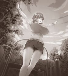 Rule 34 | 1girl, :o, arms up, belt, belt bow, breasts, brown eyes, brown hair, dutch angle, frilled sleeves, frills, from below, game cg, gloves, greyscale, hair ornament, hairclip, highres, huge breasts, impossible clothes, monochrome, narusawa ryouka, non-web source, occultic;nine, official art, outdoors, pako, park, science adventure, shirt, short hair, short shorts, shorts, sleeveless, sleeveless shirt, solo, standing, striped belt, sunset, thick thighs, thighs, tree, v-shaped eyebrows, white gloves