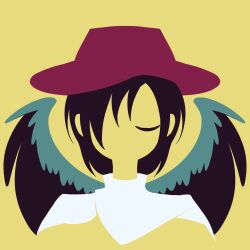 Rule 34 | 1girl, black hair, black wings, brown hat, closed eyes, cowboy hat, feathered wings, green wings, hat, highres, kurokoma saki, limited palette, maskin mei, medium hair, minimalism, multicolored wings, neckerchief, simple background, touhou, white neckerchief, wings, yellow background