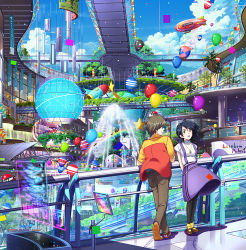 1boy 1girl aircraft arms_behind_back balloon black_hair black_pantyhose brown_hair cloud colorful couple day dirigible floating_screen fountain globe hetero isai_shizuka jewelry mall necklace original pantyhose railing rainbow scenery science_fiction short_hair skirt sky standing star_(symbol) tree wind wind_lift