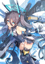 1girl aris_(blue_archive) black_hair blue_archive blue_eyes blue_halo breasts closed_mouth commentary_request gloves hair_between_eyes halo highres leotard long_hair rectangular_halo side_ponytail small_breasts smile solo tagme very_long_hair weapon xephonia