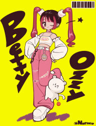 1girl animal artist_name barcode bell-bottoms belt betty_&amp;_ozzy_(norixio) black_hair blush_stickers candy cat cat_hair_ornament chain collar crop_top denim detached_sleeves earrings food full_body hair_ornament hands_on_own_hips heart_belt_buckle jeans jewelry large_shoes leg_up lightning_bolt-shaped_pupils lightning_bolt_symbol lollipop looking_at_viewer midriff multicolored_hair norixio one_eye_closed original pants pink_collar pink_hair pink_pants puffy_detached_sleeves puffy_sleeves shoes sparkling_eyes standing standing_on_one_leg star_(symbol) symbol-shaped_pupils tamagotchi tamagotchi_(classic) tank_top torn_clothes torn_jeans torn_pants twintails two-tone_hair white_belt white_cat white_footwear white_sleeves wink_star yellow_background