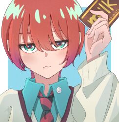 1girl amate_yuzuriha aqua_shirt border candy chika_(ch1k4) chocolate chocolate_bar collared_shirt commentary_request food frown green_eyes gundam gundam_gquuuuuux highres holding holding_chocolate holding_food jitome looking_at_viewer necktie outside_border red_hair shirt short_hair solo striped_necktie sweater unamused white_border white_sweater