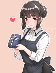 Rule 34 | 1girl, apron, black apron, black hair, blush, box, braid, braided bun, breasts, brown eyes, chocolate, furaggu (frag 0416), gift, gift box, gradient background, hair bun, hair ornament, hairclip, heart, holding, holding gift, incoming gift, kantai collection, long hair, long sleeves, looking at viewer, medium breasts, myoukou (kancolle), pink background, shirt, single hair bun, smile, solo, valentine, white shirt