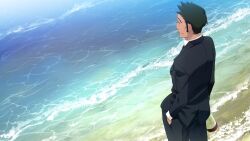 1boy alcohol beach black_jacket black_pants black_suit bottle collared_shirt dutch_angle facial_hair formal_clothes from_behind from_side fukuda_tomonori game_cg hand_hair hand_in_pocket highres holding holding_bottle jacket looking_to_the_side male_focus nagafukada_mitsuhiko narrowed_eyes ocean official_art outdoors pants robotics;notes sake sake_bottle shirt short_hair sideburns sideburns_stubble solo spiked_hair stubble suit suit_jacket tan very_short_hair water white_shirt