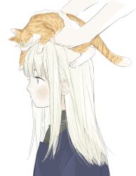 1girl aged_down animal animal_on_head blonde_hair blush cat cat_on_head child dungeon_meshi falin_touden falin_touden_(tallman) from_side frs2 highres holding holding_animal long_hair on_head out_of_frame profile sidelocks solo_focus yellow_eyes