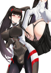 1girl absurdres arm_behind_head arm_up ass black_hair black_halo black_panties black_skirt blue_archive blush bodysuit breasts bright_pupils bulge commentary covered_erect_nipples covered_navel covered_testicles cowboy_shot cropped_legs english_commentary futanari hair_ornament halo highleg highleg_panties highres impossible_bodysuit impossible_clothes large_breasts latex latex_bodysuit long_hair long_sleeves looking_at_viewer multicolored_bodysuit multiple_views official_alternate_costume paid_reward_available panties parted_lips pleated_skirt ponytail red_eyes ringed_eyes rio_(blue_archive) rio_(bodysuit)_(blue_archive) simple_background skin_tight skirt standing sweater teeth thong underwear undressing very_long_hair white_background white_pupils white_sweater wujack