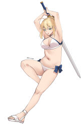 1girl absurdres arms_up artist_name artoria_pendragon_(fate) bikini blonde_hair breasts criss-cross_halter fate/grand_order fate_(series) full_body green_eyes hair_bun halterneck highres holding holding_sword holding_weapon incoming_attack navel open_mouth pinepin saber_(fate) sandals simple_background single_hair_bun solo swimsuit sword weapon white_background white_bikini white_sandals