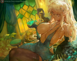 Rule 34 | 2girls, alma armas, areola slip, bare shoulders, blonde hair, breasts, cleavage, collarbone, cup, cutesexyrobutts, dress, drinking glass, glasses, gloves, jill stingray, large breasts, long hair, looking at viewer, multiple girls, ponytail, sidelocks, solo, solo focus, swept bangs, thighs, va-11 hall-a, yellow eyes