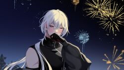 1boy a_date_with_death aegyo aerial_fireworks arm_up averting_eyes black_gloves blush casper_(a_date_with_death) covering_own_mouth fireworks gloves gradient_background hair_flowing_over hair_over_shoulder hand_on_own_face highres jacket jacket_partially_removed jellyfish_cut large_variant_set light_particles male_focus multicolored_gloves nervous night night_sky non-web_source official_art open_mouth red_eyes red_gloves sky sleeveless sleeveless_turtleneck solo surprised tree turtleneck upper_body variant_set white_hair wide-eyed