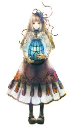 Rule 34 | 1girl, birdcage, black choker, blonde hair, blue eyes, blue flower, blue rose, cage, choker, closed mouth, expressionless, flower, frilled cuffs, frilled shirt collar, frilled sleeves, frills, green eyes, hair flower, hair ornament, hayu (atelier tenshi), heterochromia, holding, holding cage, layered skirt, long hair, long sleeves, purple skirt, release hallucination, rose, shirt, skirt, solo, very long hair, white shirt, wrist cuffs
