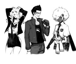 1boy 2girls afro arms_behind_head black_hair breasts cleavage clothes_around_waist collared_shirt cowboy_shot dark-skinned_female dark_skin flower glasses gloves greyscale grin hair_flower hair_ornament hair_over_one_eye hair_slicked_back highres jacket katana lace lace_gloves long_hair long_sleeves looking_at_viewer medium_breasts miniskirt monochrome multiple_girls necktie no_more_heroes pants parted_lips pencil_skirt plaid_clothes plaid_necktie plaid_skirt pointing pointing_at_self print_shirt school_uniform shinobu_jacobs shirt short_hair short_sleeves sideburns skirt smile sweater sweater_around_waist swept_bangs sword sylvia_christel travis_touchdown weapon white_background white_hair white_shirt zelus