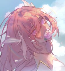 1girl blue_sky chinese_commentary cloud commentary_request diamond-shaped_pupils diamond_(shape) elysia_(herrscher_of_human:_ego)_(honkai_impact) elysia_(honkai_impact) flower flower_in_mouth highres honkai_(series) honkai_impact_3rd huashijie_(medium) iceliebediced pink_hair portrait purple_hair sky solo symbol-shaped_pupils
