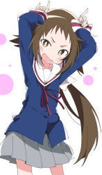 Rule 34 | 1girl, arms up, brown eyes, brown hair, grey skirt, ixy, long sleeves, looking at viewer, mikakunin de shinkoukei, mitsumine mashiro, open mouth, red neckwear, red ribbon, ribbon, sailor collar, school uniform, skirt, solo, white sailor collar