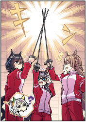 Rule 34 | 4girls, ?, animal ears, bandaid, bandaid on face, bandaid on forehead, black-framed eyewear, black hair, blue eyes, bob cut, bow, braid, brown hair, crown braid, ear covers, ear ribbon, ear scrunchie, eishin flash (umamusume), fencing, glasses, headband, highres, horse ears, horse girl, horse tail, horyuu, jacket, long hair, multicolored hair, multiple girls, pants, red jacket, red pants, red track suit, satono diamond (umamusume), scrunchie, sonon elfie (umamusume), streaked hair, swept bangs, tail, the three musketeers, tracen training uniform, track jacket, track pants, track suit, umamusume, white hair, white scrunchie, yellow eyes, zenno rob roy (umamusume)