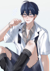 1boy arm_up bespectacled black-framed_eyewear black_necktie black_shoes black_shorts blue_eyes blue_hair boots bracelet closed_mouth collared_shirt commentary double-parted_bangs feet_out_of_frame fingernails flying_sweatdrops glasses grey_background grey_shirt hair_between_eyes highres jewelry lapels male_focus mikan_(artist) necktie notched_lapels open_clothes open_shirt pinstripe_pattern pinstripe_shirt plave semi-rimless_eyewear shirt shoes short_sleeves shorts simple_background sitting solo tears undone_necktie white_shirt yejun_(plave)