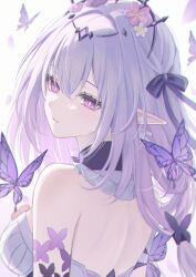 1girl absurdres back bare_shoulders black_tiara bow breasts bright_pupils bug butterfly castorice_(honkai:_star_rail) cc_lin chinese_commentary chromatic_aberration commentary_request flower from_behind hair_between_eyes hair_bow hair_flower hair_intakes hair_ornament heavy_chromatic_aberration highres honkai:_star_rail honkai_(series) insect large_breasts long_hair looking_afar looking_back median_furrow parted_lips pink_flower pointy_ears purple_bow purple_butterfly purple_eyes purple_hair sidelocks solo tiara upper_body white_background white_pupils