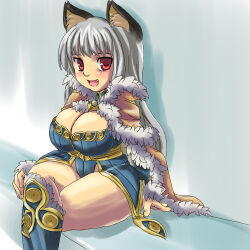 1girl animal_ears asanagi_(style) blue_background blue_boots blue_dress blush boots breasts brown_cape cape cat_ears cat_girl cleavage commentary_request crossed_legs curvy dress fang feet_out_of_frame fur-trimmed_boots fur-trimmed_cape fur_trim gold_trim grey_hair large_breasts looking_at_viewer open_mouth parody ragnarok_online red_eyes sakuragi_(nktidksg) short_dress sitting smile solo style_parody thick_thighs thighs wizard_(ragnarok_online)