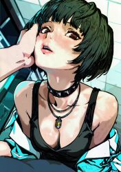 1girl absurdres armpit_crease black_hair black_shirt blunt_bangs blush breasts brown_eyes choker cleavage coat collarbone commentary downblouse english_commentary from_above hand_on_another&#039;s_cheek hand_on_another&#039;s_face highres indoors jewelry looking_at_viewer medium_breasts mixed-language_commentary necklace no_bra nose_blush oeilvert_fft persona persona_5 pink_lips shirt short_hair sleeveless sleeveless_shirt solo_focus spiked_choker spikes takemi_tae teeth thick_outlines upper_body upper_teeth_only white_coat